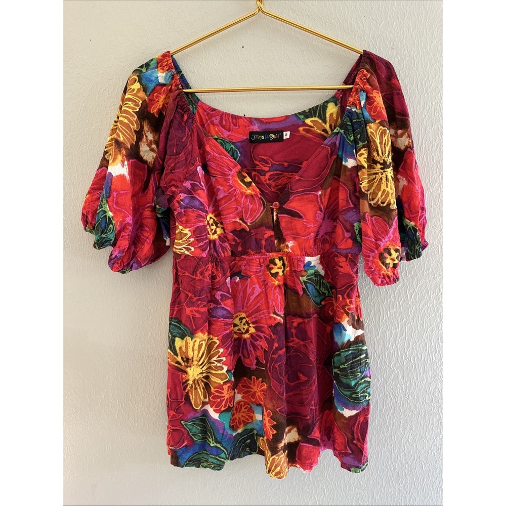 Jams World Hawaii baby doll blouse Top Hawaii Floral Bordeaux Rare Vintage Small